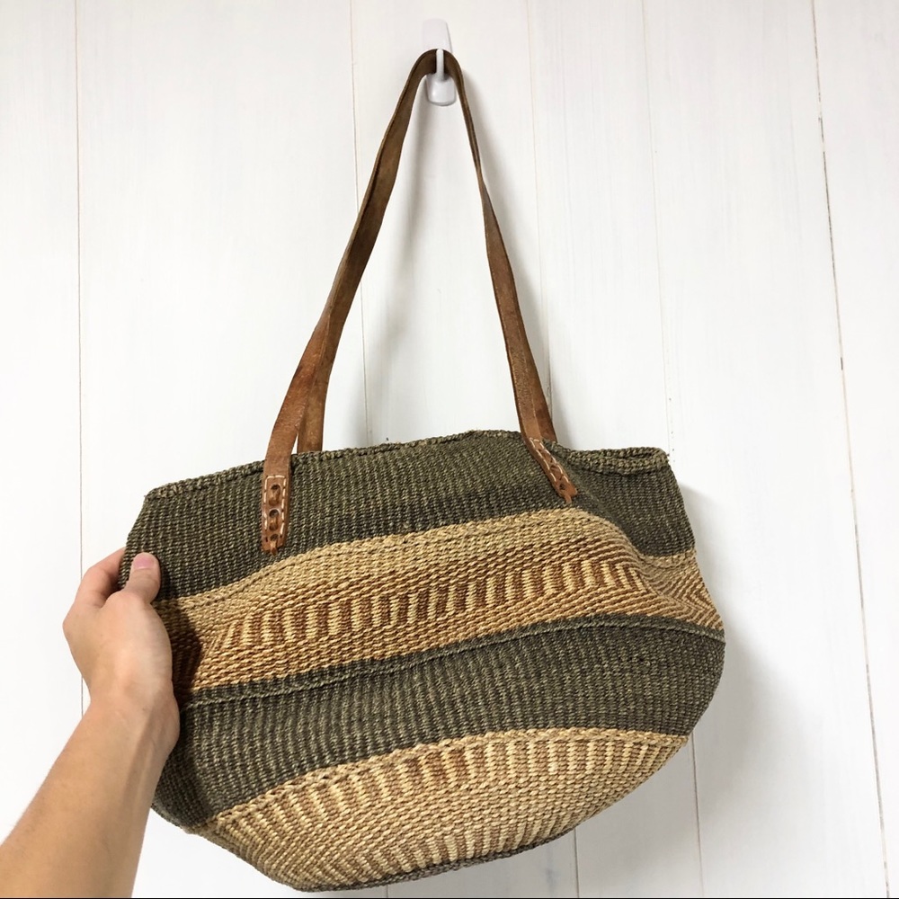 Woven Striped Oversize Tote Bag w Leather Straps